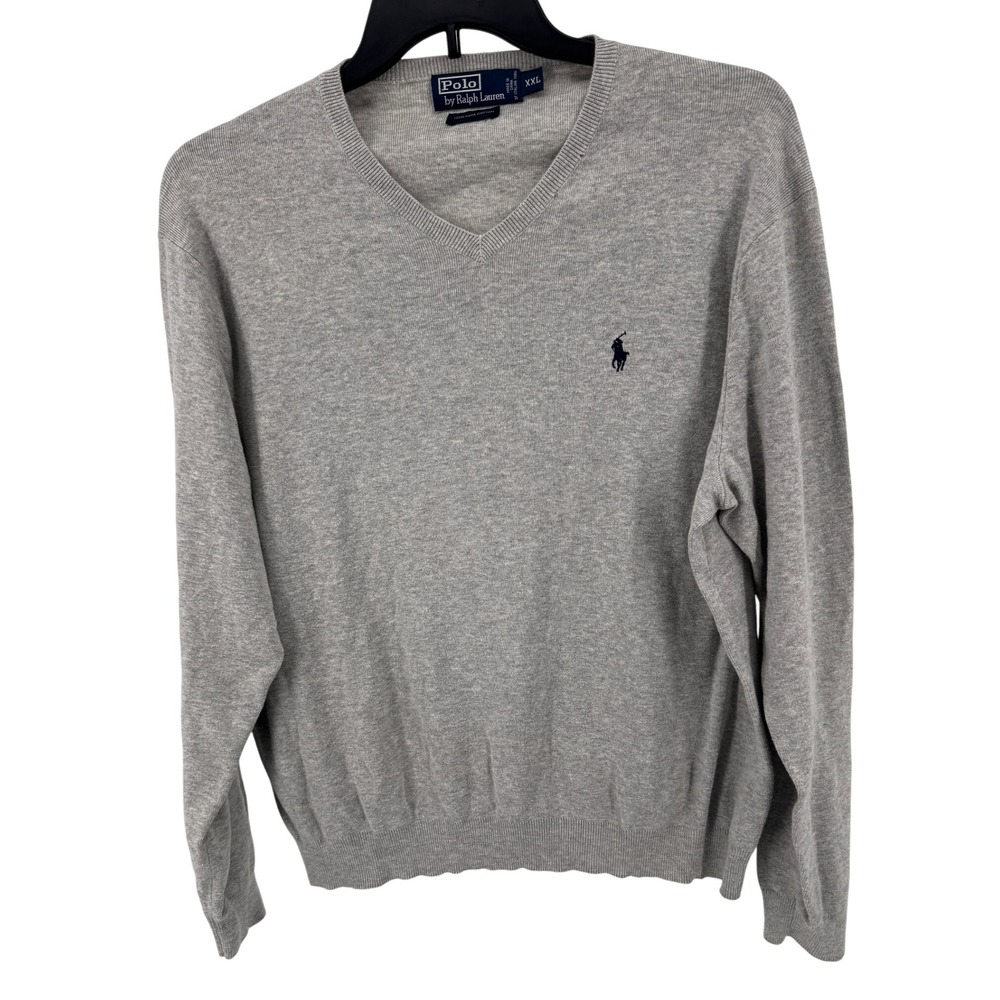 Polo by Ralph Lauren Sweater Mens XXL V Neck Gray‎ Pima Cotton Sweater Classic
